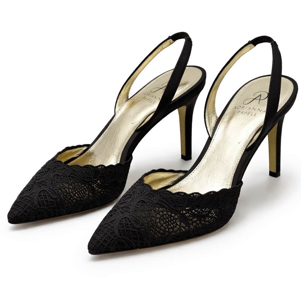 93. Adrianna Papell Black Lace Slingback Kitten Heels